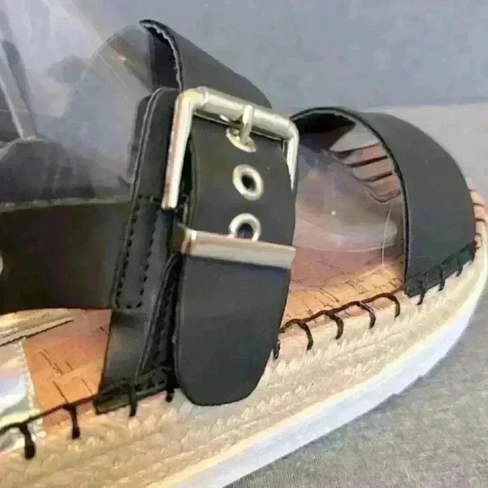 MTNG Wedge Sandal Black Strap Faux Leather Espadrille Cork Soles Women 40-9/9.5 - Picture 6 of 12